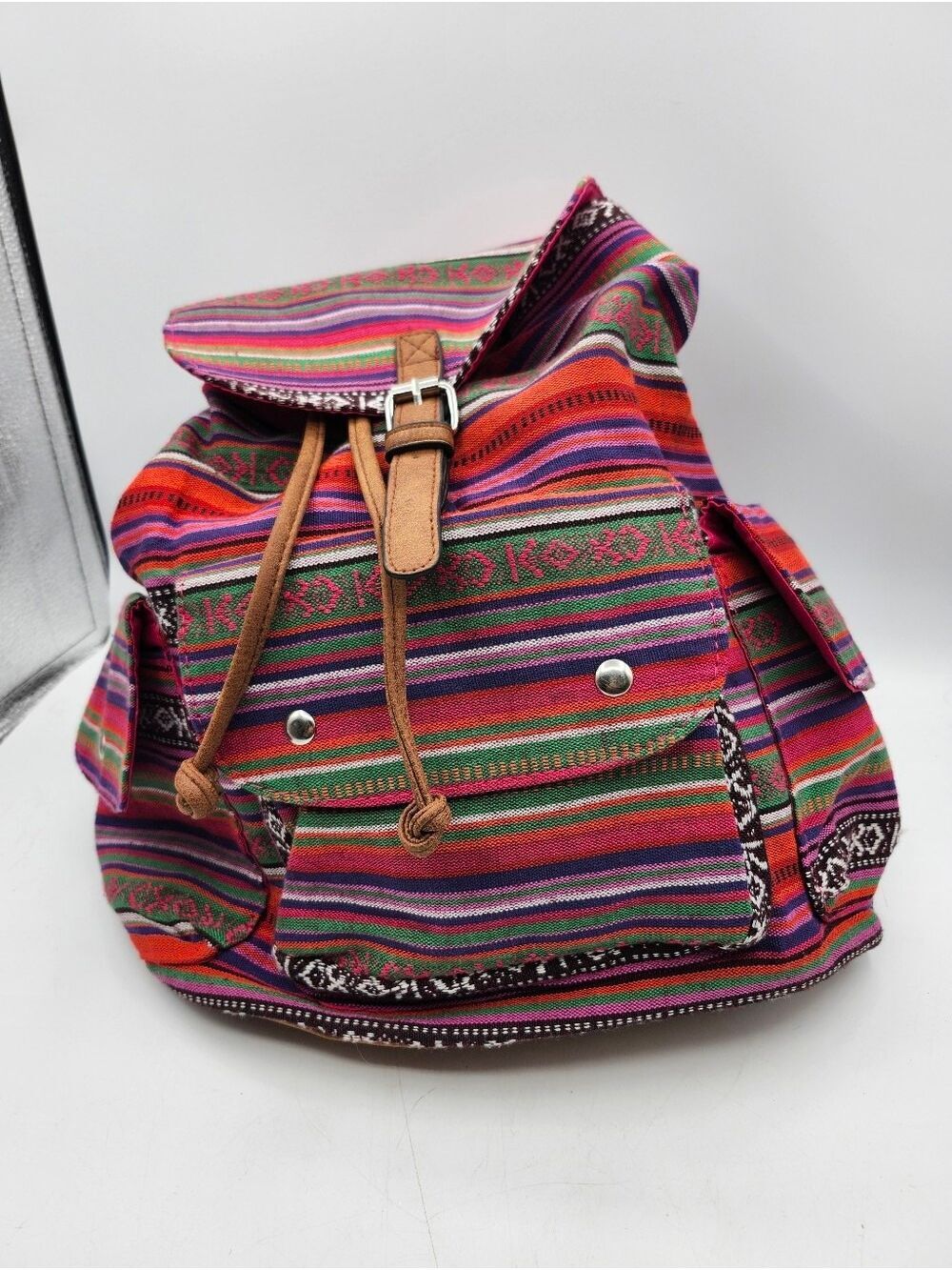 Colorful Striped Women’s Canvas Backpack - Pink Multi